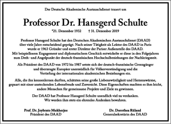 Traueranzeige von Professor Dr. Hansgerd Schulte von Frankfurter Allgemeine Zeitung