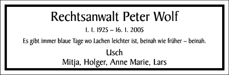  Traueranzeige für Rechtsanwalt Peter Wolf vom 16.01.2020 aus Frankfurter Allgemeine Zeitung