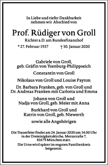 Traueranzeige von Rüdiger von Groll von Frankfurter Allgemeine Zeitung