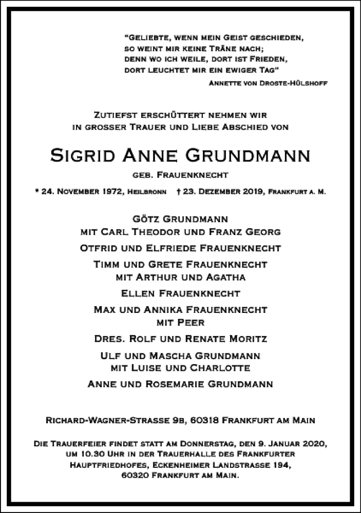  Traueranzeige für Sigrid Anne Grundmann vom 04.01.2020 aus Frankfurter Allgemeine Zeitung