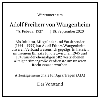 Traueranzeige von Adolf Freiherr von Wangenheim von Frankfurter Allgemeine Zeitung