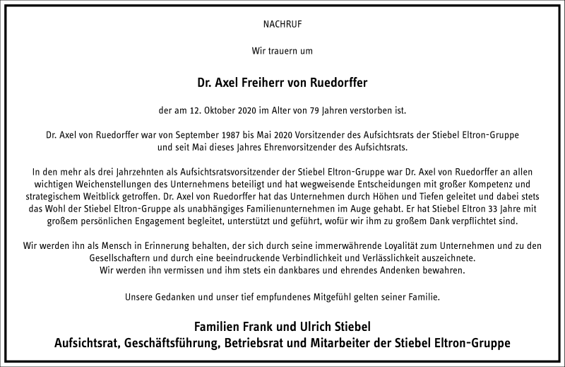  Traueranzeige für Axel Freiherr von Ruedorffer vom 24.10.2020 aus Frankfurter Allgemeine Zeitung