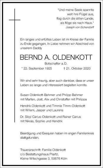 Traueranzeige von Bernd A.  Oldenkott von Frankfurter Allgemeine Zeitung