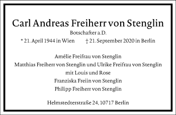 Traueranzeige von Carl Andreas Freiherr von Stenglin von Frankfurter Allgemeine Zeitung