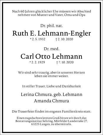 Traueranzeige von Carl Otto Lehmann von Frankfurter Allgemeine Zeitung