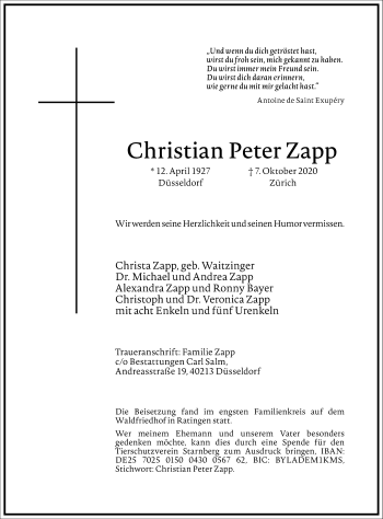 Traueranzeige von Christian Peter Zapp von Frankfurter Allgemeine Zeitung