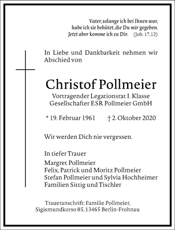 Traueranzeige von Christof Pollmeier von Frankfurter Allgemeine Zeitung