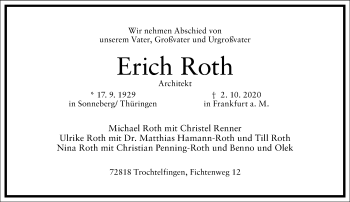 Traueranzeige von Erich Roth von Frankfurter Allgemeine Zeitung