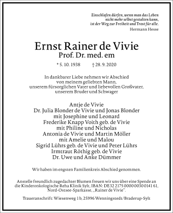 Traueranzeige von Ernst Rainer de Vivie von Frankfurter Allgemeine Zeitung