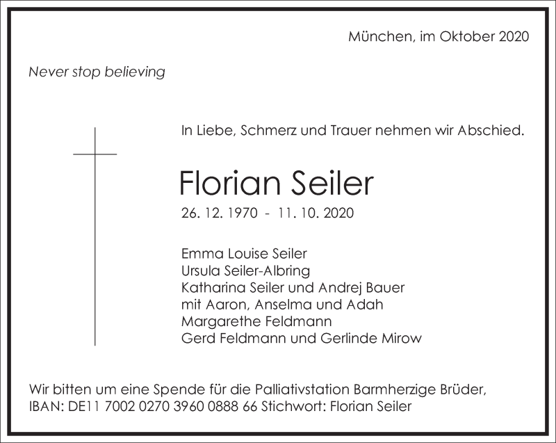  Traueranzeige für Florian Seiler vom 15.10.2020 aus Frankfurter Allgemeine Zeitung