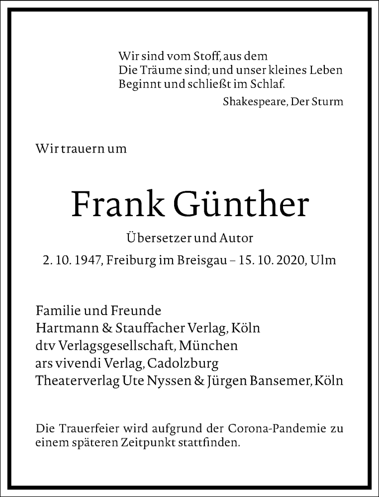  Traueranzeige für Frank Günther vom 24.10.2020 aus Frankfurter Allgemeine Zeitung
