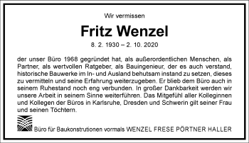 Traueranzeige von Fritz Wenzel von Frankfurter Allgemeine Zeitung