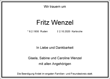 Traueranzeige von Fritz Wenzel von Frankfurter Allgemeine Zeitung