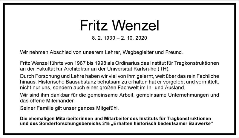  Traueranzeige für Fritz Wenzel vom 10.10.2020 aus Frankfurter Allgemeine Zeitung