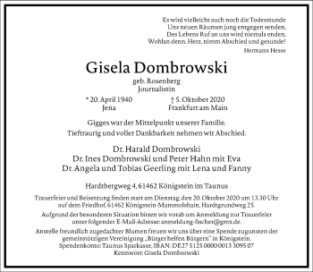 Traueranzeige von Gisela Dombrowski von Frankfurter Allgemeine Zeitung