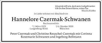 Traueranzeige von Hannelore Czermak-Schwanen von Frankfurter Allgemeine Zeitung