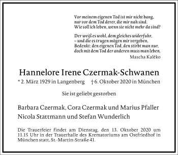 Traueranzeige von Hannelore Irene Czermak-Schwanen von Frankfurter Allgemeine Zeitung