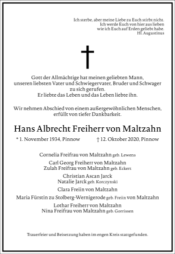 Traueranzeige von Hans Albrecht Freiherr von Maltzahn von Frankfurter Allgemeine Zeitung