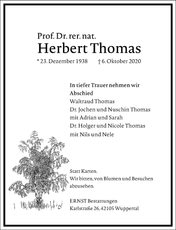 Traueranzeige von Herbert Thomas von Frankfurter Allgemeine Zeitung