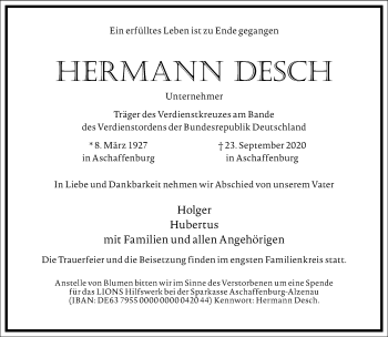 Traueranzeige von Hermann Desch von Frankfurter Allgemeine Zeitung