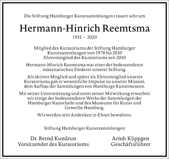 Traueranzeige von Hermann-Hinrich Reemtsma von Frankfurter Allgemeine Zeitung