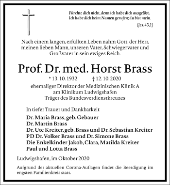 Traueranzeige von Horst Brass von Frankfurter Allgemeine Zeitung