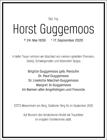Traueranzeige von Horst Guggemoos von Frankfurter Allgemeine Zeitung