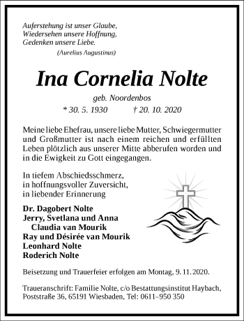 Traueranzeige von Ina Cornelia Nolte von Frankfurter Allgemeine Zeitung