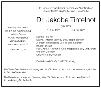 Traueranzeige von Jakobe Tintelnot von Frankfurter Allgemeine Zeitung