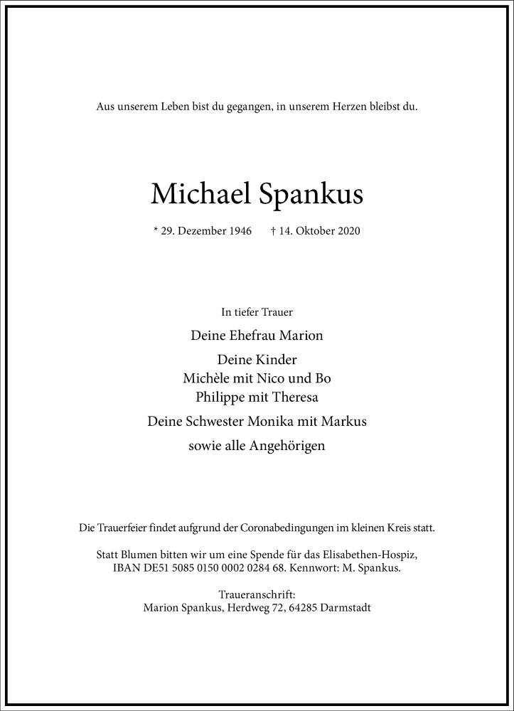  Traueranzeige für Michael Spankus vom 24.10.2020 aus Frankfurter Allgemeine Zeitung