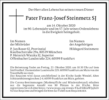 Traueranzeige von Pater Franz-Josef Steinmetz von Frankfurter Allgemeine Zeitung