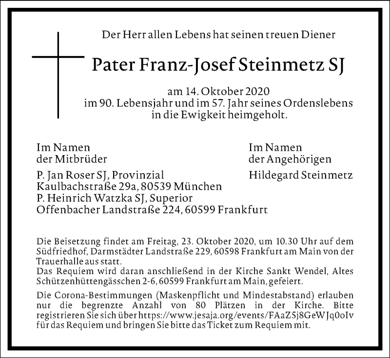  Traueranzeige für Pater Franz-Josef Steinmetz vom 17.10.2020 aus Frankfurter Allgemeine Zeitung