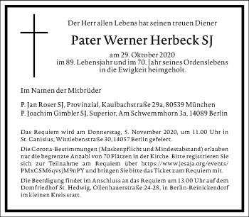 Traueranzeige von Pater Werner Herbeck von Frankfurter Allgemeine Zeitung