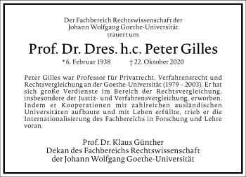 Traueranzeige von Peter Gilles von Frankfurter Allgemeine Zeitung