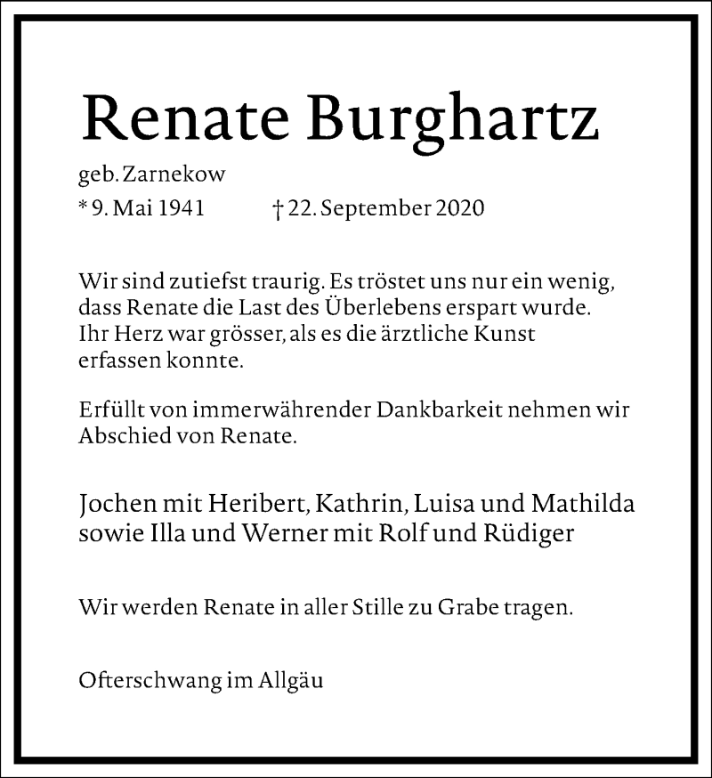  Traueranzeige für Renate Burghartz vom 29.09.2020 aus Frankfurter Allgemeine Zeitung