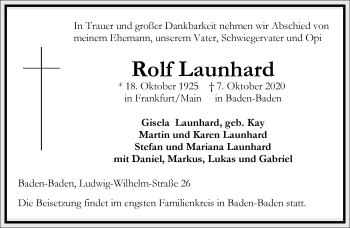 Traueranzeige von Rolf Launhard von Frankfurter Allgemeine Zeitung