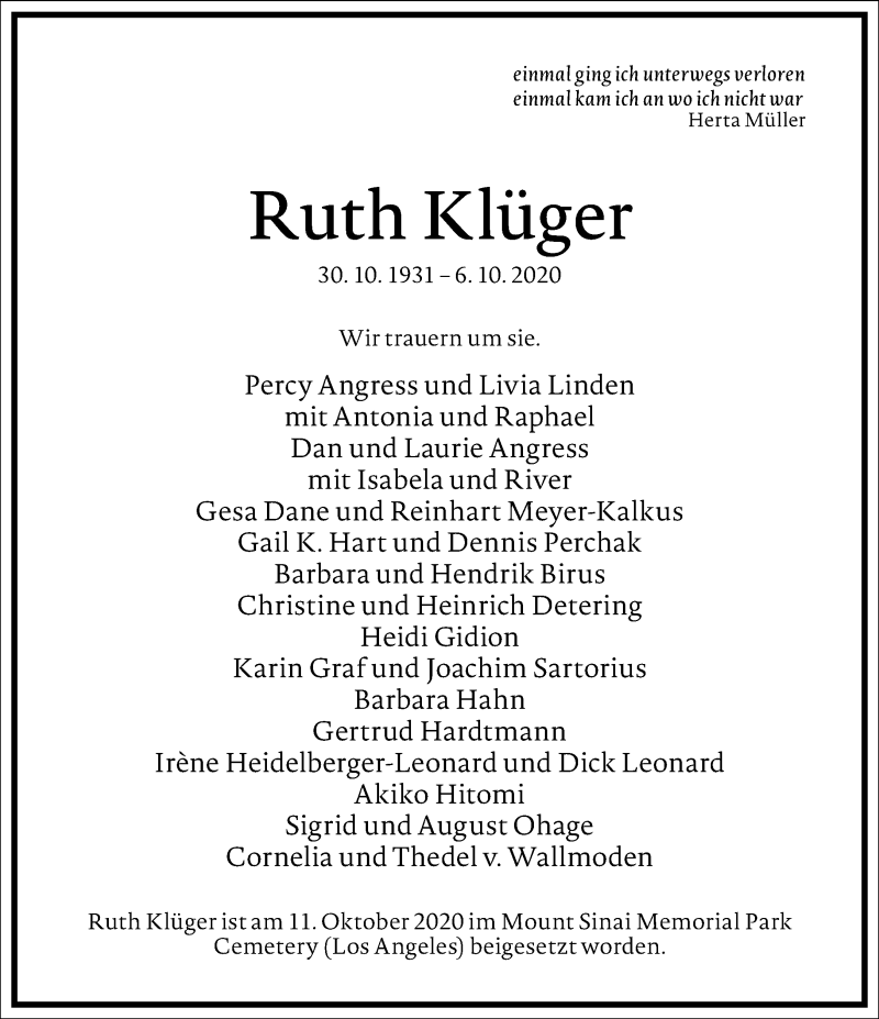  Traueranzeige für Ruth Klüger vom 20.10.2020 aus Frankfurter Allgemeine Zeitung