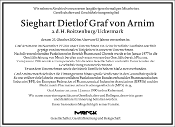 Traueranzeige von Sieghart Dietlof Graf von Arnim von Frankfurter Allgemeine Zeitung