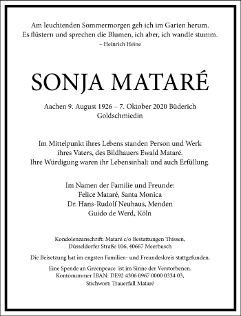 Traueranzeige von Sonja Matare von Frankfurter Allgemeine Zeitung