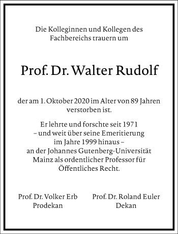 Traueranzeige von Walter Rudolf von Frankfurter Allgemeine Zeitung