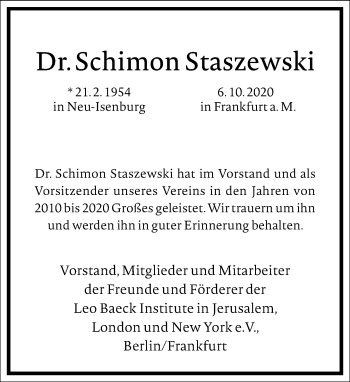 Traueranzeige von Schimon Staszewski von Frankfurter Allgemeine Zeitung