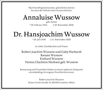 Traueranzeige von Annaluise Wussow von Frankfurter Allgemeine Zeitung