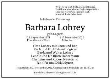 Traueranzeige von Barbara Lohrey von Frankfurter Allgemeine Zeitung