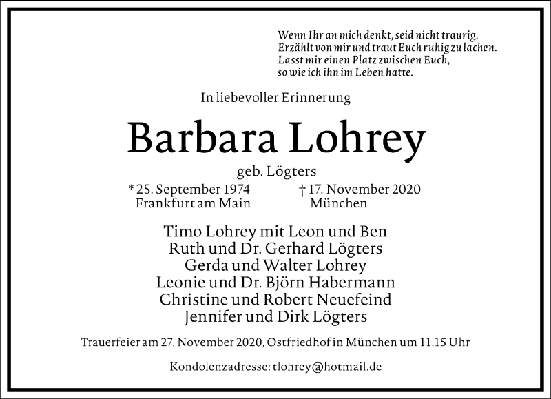  Traueranzeige für Barbara Lohrey vom 21.11.2020 aus Frankfurter Allgemeine Zeitung