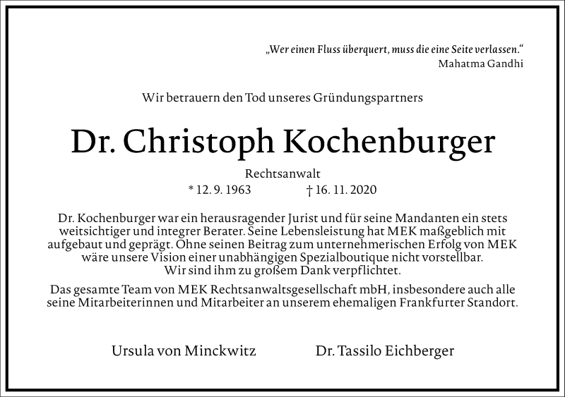  Traueranzeige für Christoph Kochenburger vom 28.11.2020 aus Frankfurter Allgemeine Zeitung