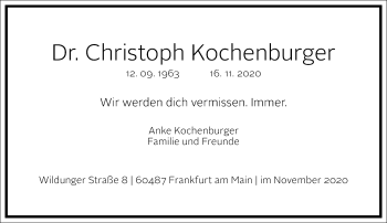 Traueranzeige von Christoph Kochenburger von Frankfurter Allgemeine Zeitung