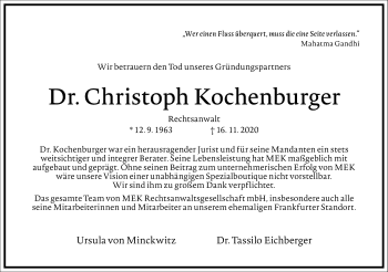 Traueranzeige von Christoph Kochenburger von Frankfurter Allgemeine Zeitung