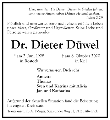 Traueranzeige von Dieter Düwel von Frankfurter Allgemeine Zeitung