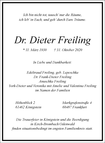 Traueranzeige von Dieter Freiling von Frankfurter Allgemeine Zeitung