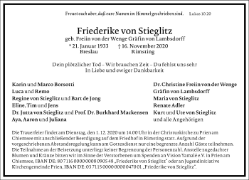 Traueranzeige von Friederike von Stieglitz von Frankfurter Allgemeine Zeitung